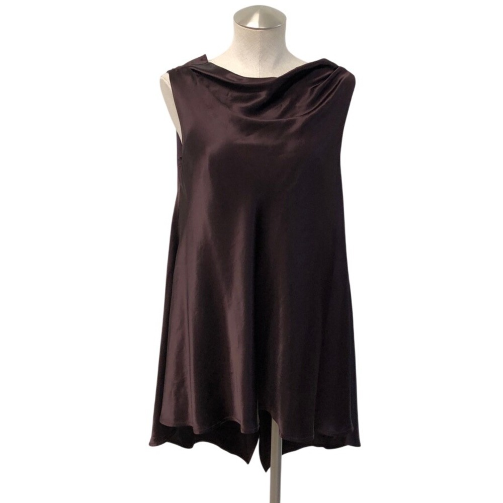 Line and Dot Cowl Neck Mini Dress‎ Womens Large Brown Satin V-Back LT5939B